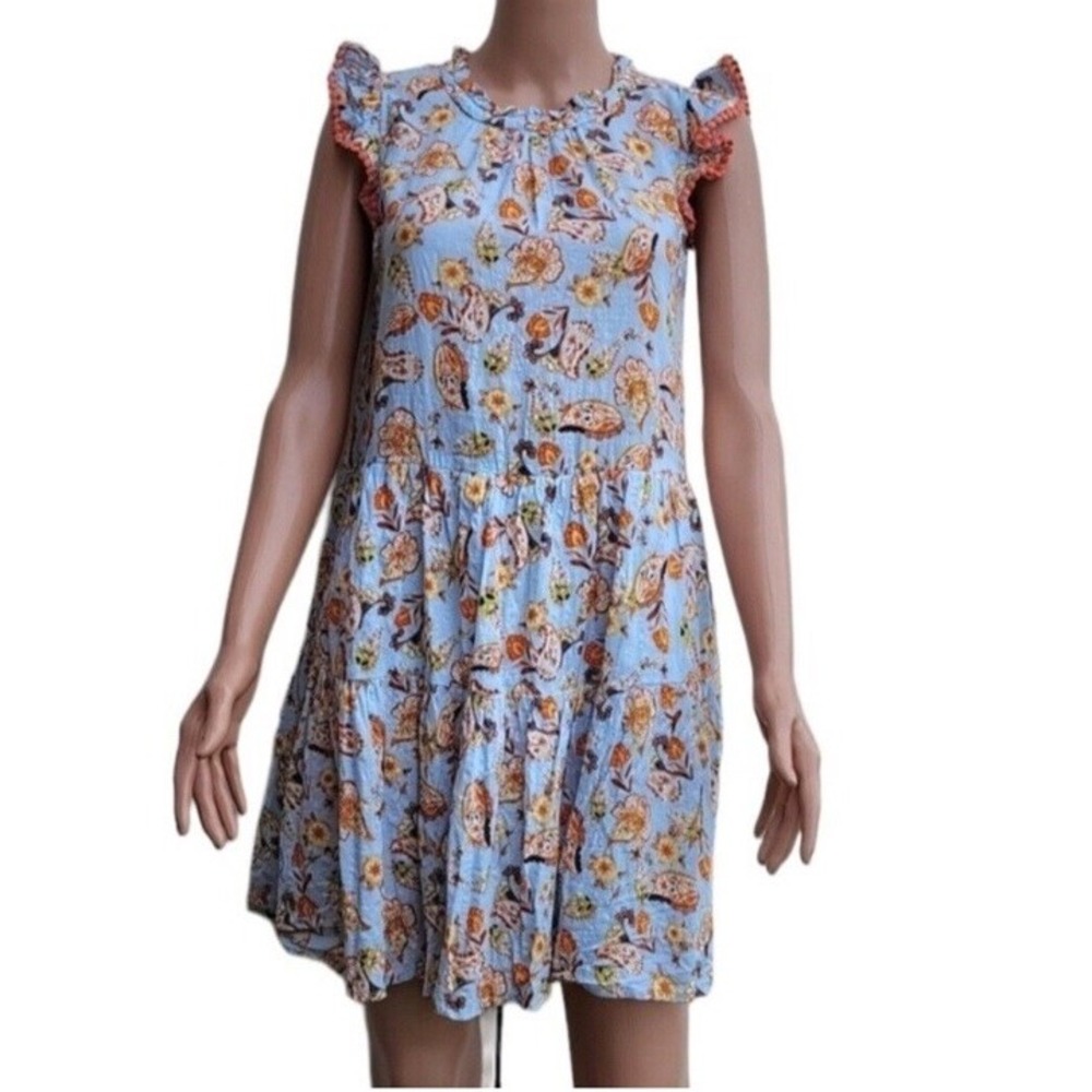 THML Cotton Blue Floral Dress Boho Country Cottage Summer Size Xs Pockets